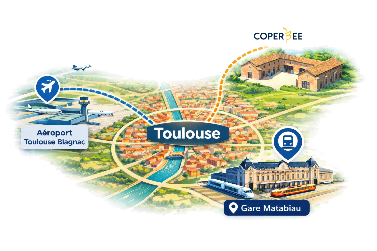Plan d'accès CoperBee - Toulouse, Aéroport Blagnac, Gare Matabiau